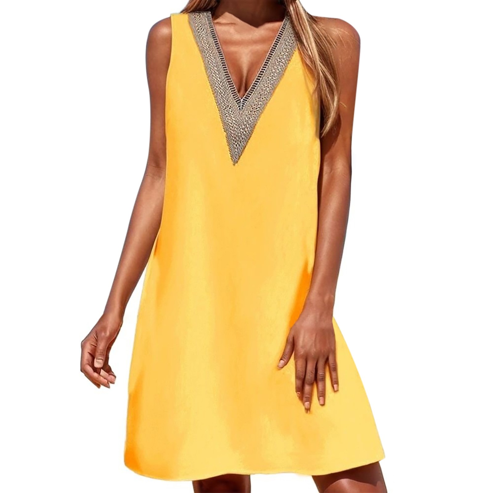 thumbnail image 1 of Vestido holgado sin mangas con cuello en V y ribete de encaje: elegante cuello en V, ribete de encaje, versátil para ir al trabajo o para llevar a diario, 1 of 5